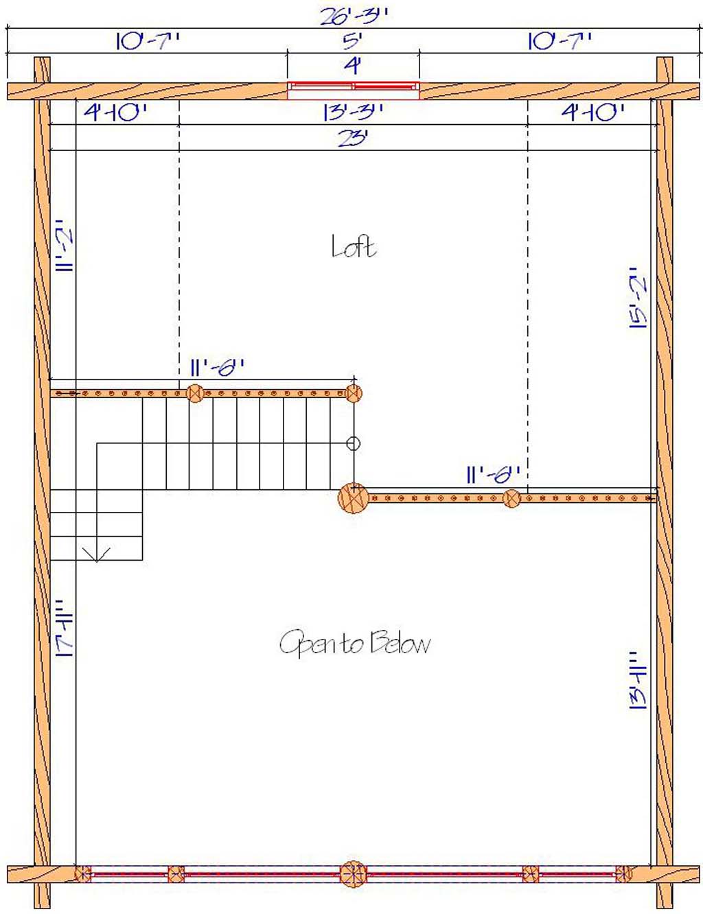 Loft floor plan with labeled dimensions and stair layout