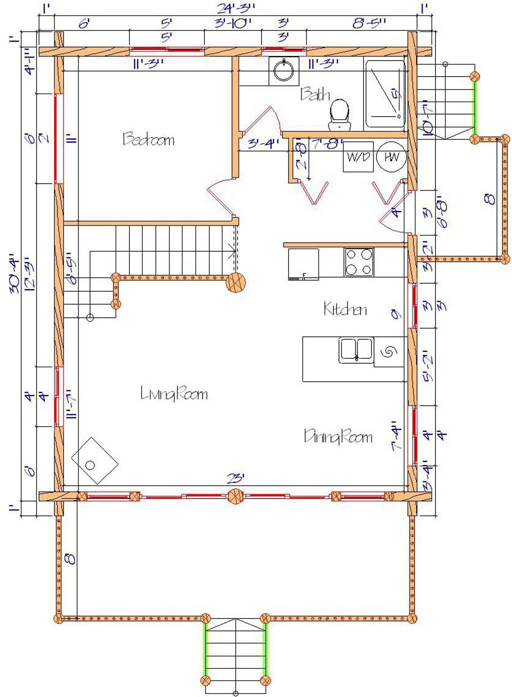 Floor plan of a log home layout showing various rooms including a master bedroom, guest room, living room, dining room, kitchen, and bathrooms with dimensions noted.