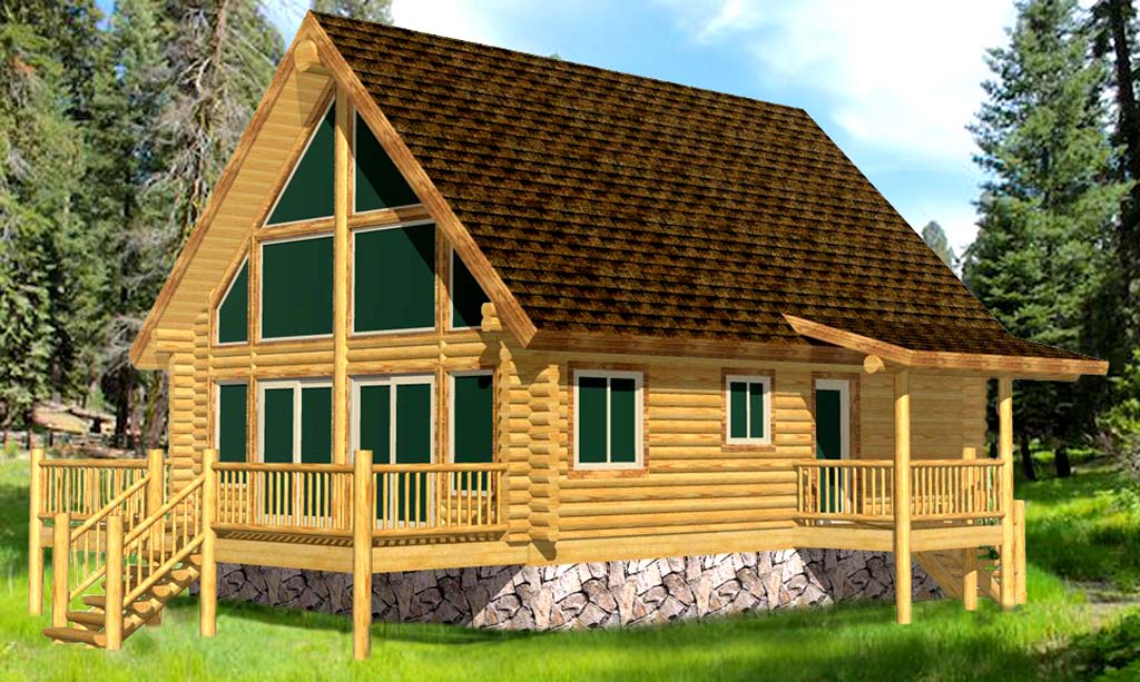 Cozy wooden cabin with large windows and stone foundation