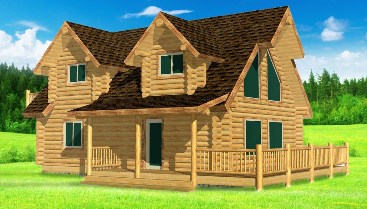 Rustic log cabin with front porch and green windows
