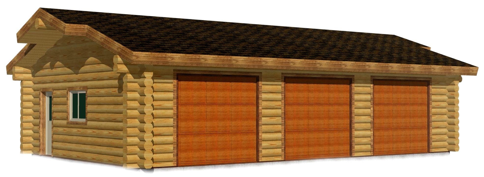Wooden log cabin with three green-trimmed windows and dark roof
