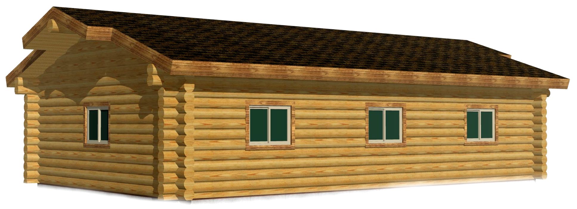 Wooden log cabin with three green-trimmed windows and dark roof