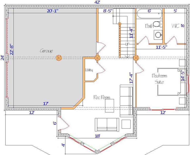 Floor plan of a log home layout showing various rooms including a master bedroom, guest room, living room, dining room, kitchen, and bathrooms with dimensions noted.
