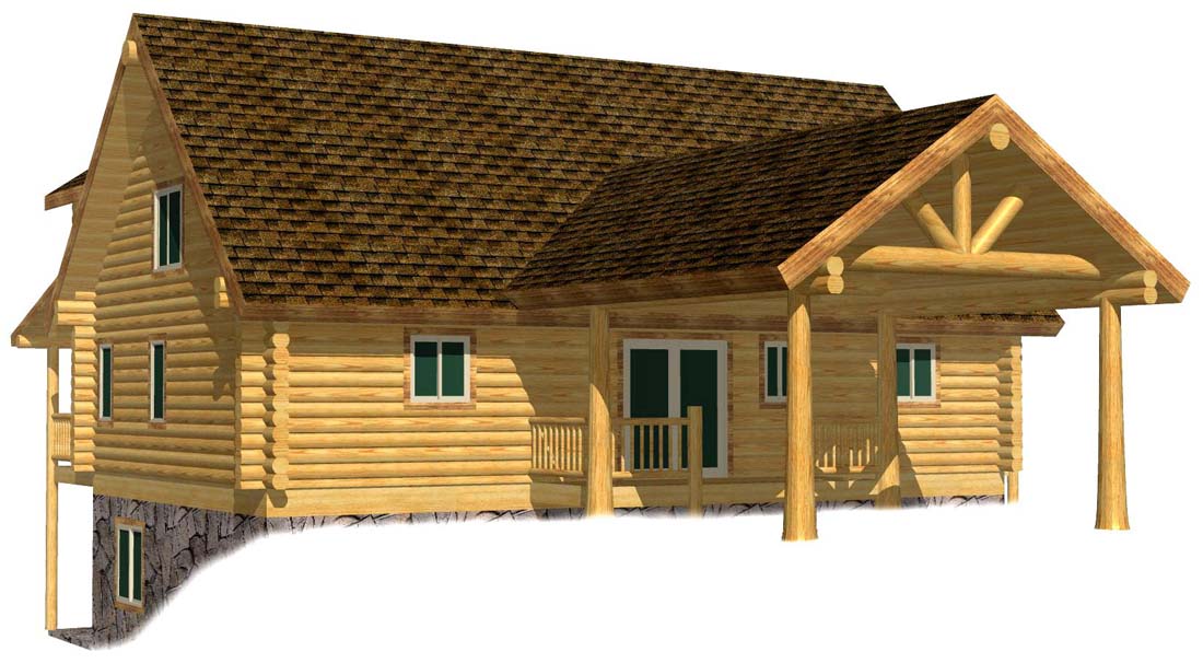 Rustic log cabin with sloped roof and covered porch design