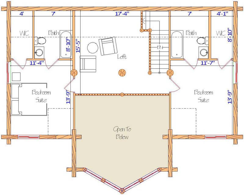 Floor plan of a log home layout showing various rooms including a master bedroom, guest room, living room, dining room, kitchen, and bathrooms with dimensions noted.
