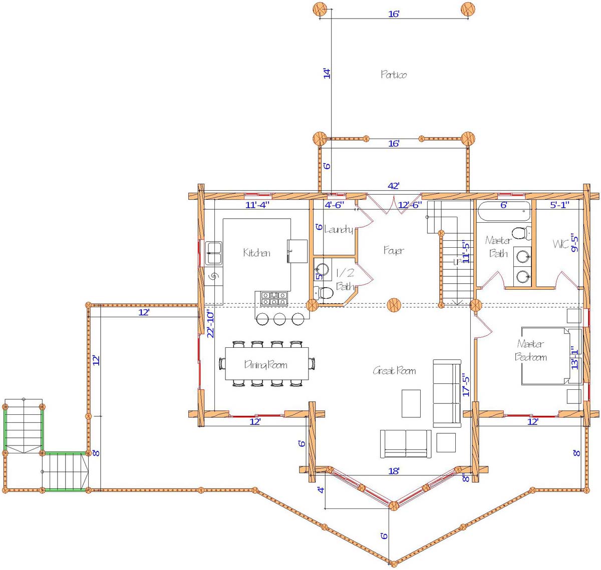 Floor plan of a log home layout showing various rooms including a master bedroom, guest room, living room, dining room, kitchen, and bathrooms with dimensions noted.