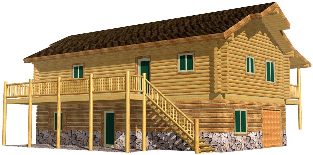 Two-story wooden cabin with front stairs and balcony.