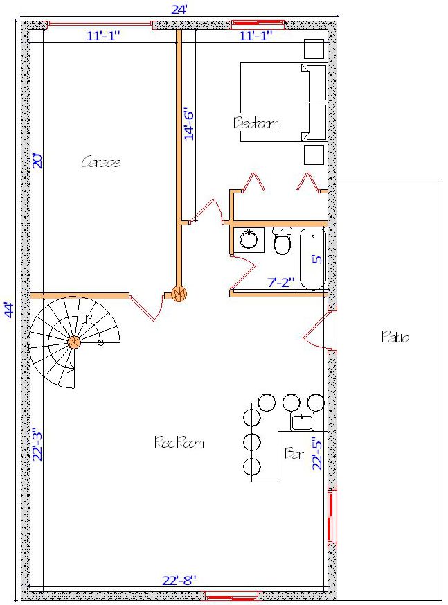 Floor plan of a log home layout showing various rooms including a master bedroom, guest room, living room, dining room, kitchen, and bathrooms with dimensions noted.
