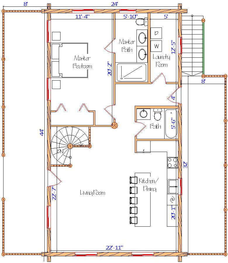 Floor plan of a log home layout showing various rooms including a master bedroom, guest room, living room, dining room, kitchen, and bathrooms with dimensions noted.