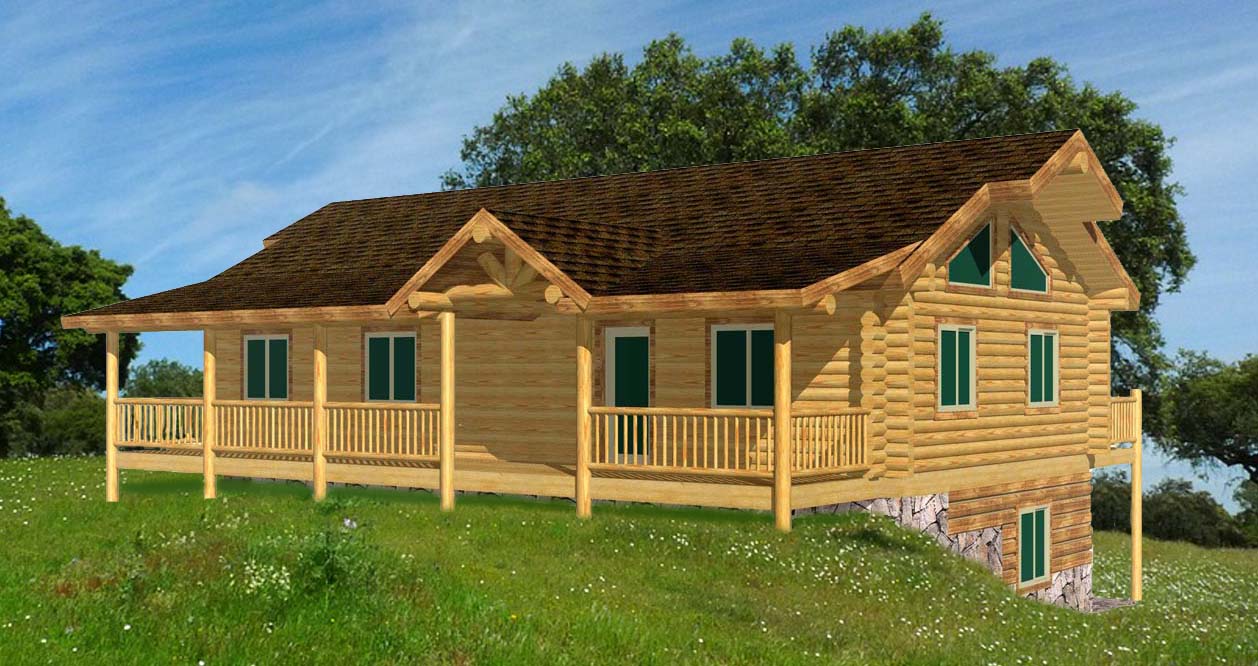 Two-story wooden cabin with front stairs and balcony.
