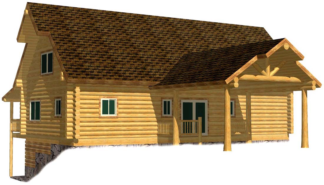 Rustic log cabin design with wooden porch and green windows