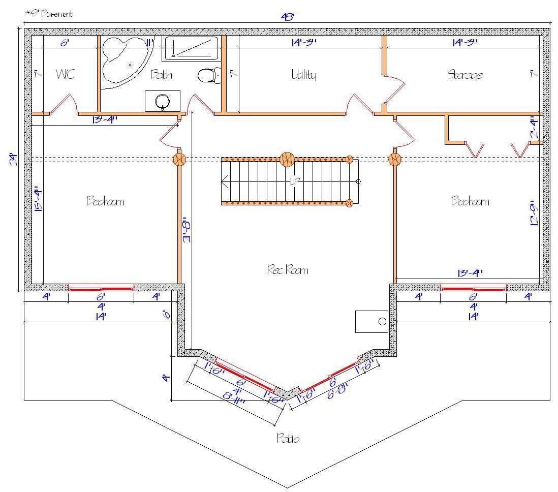 Floor plan of a log home layout showing various rooms including a master bedroom, guest room, living room, dining room, kitchen, and bathrooms with dimensions noted.