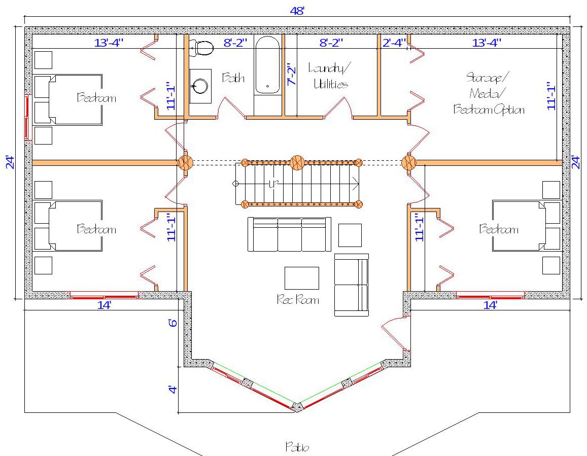 Floor plan of a log home layout showing various rooms including a master bedroom, guest room, living room, dining room, kitchen, and bathrooms with dimensions noted.