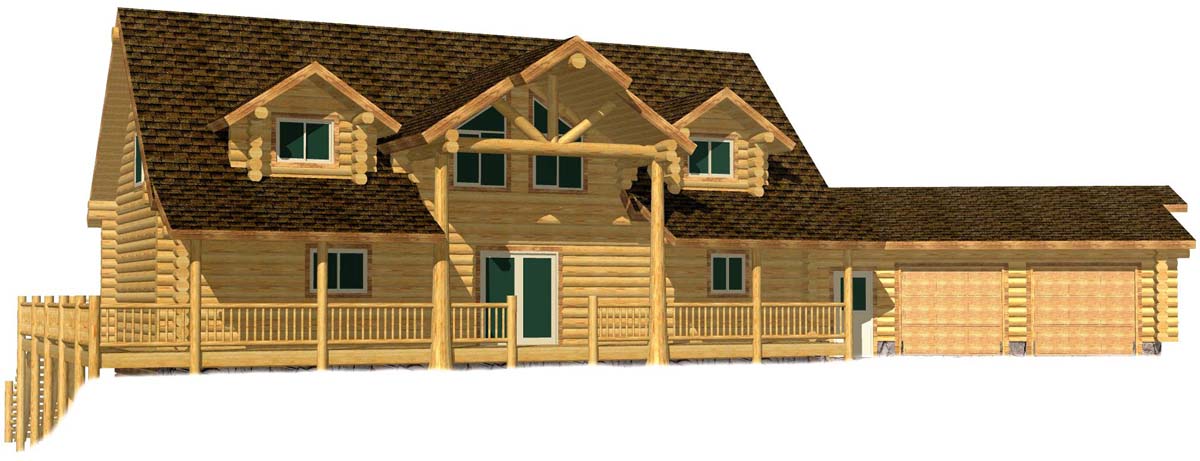 Large rustic log cabin with a modern design and a garage.