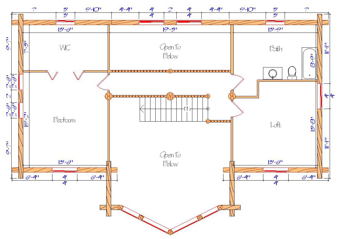 Floor plan of a log home layout showing various rooms including a master bedroom, guest room, living room, dining room, kitchen, and bathrooms with dimensions noted.