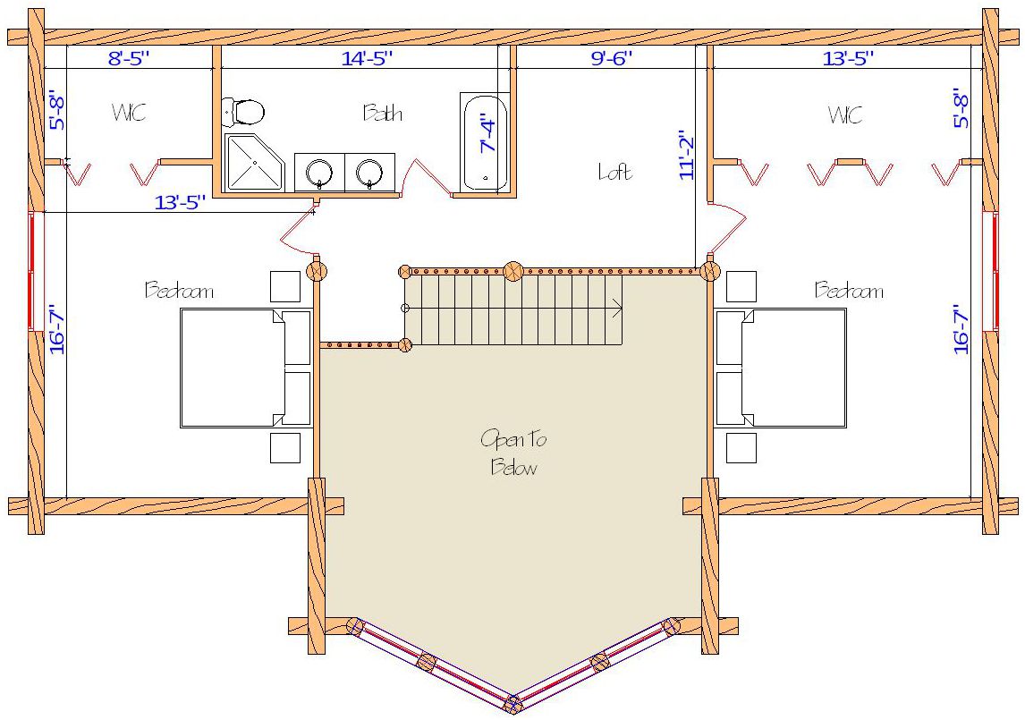 Floor plan of a log home layout showing various rooms including a master bedroom, guest room, living room, dining room, kitchen, and bathrooms with dimensions noted.