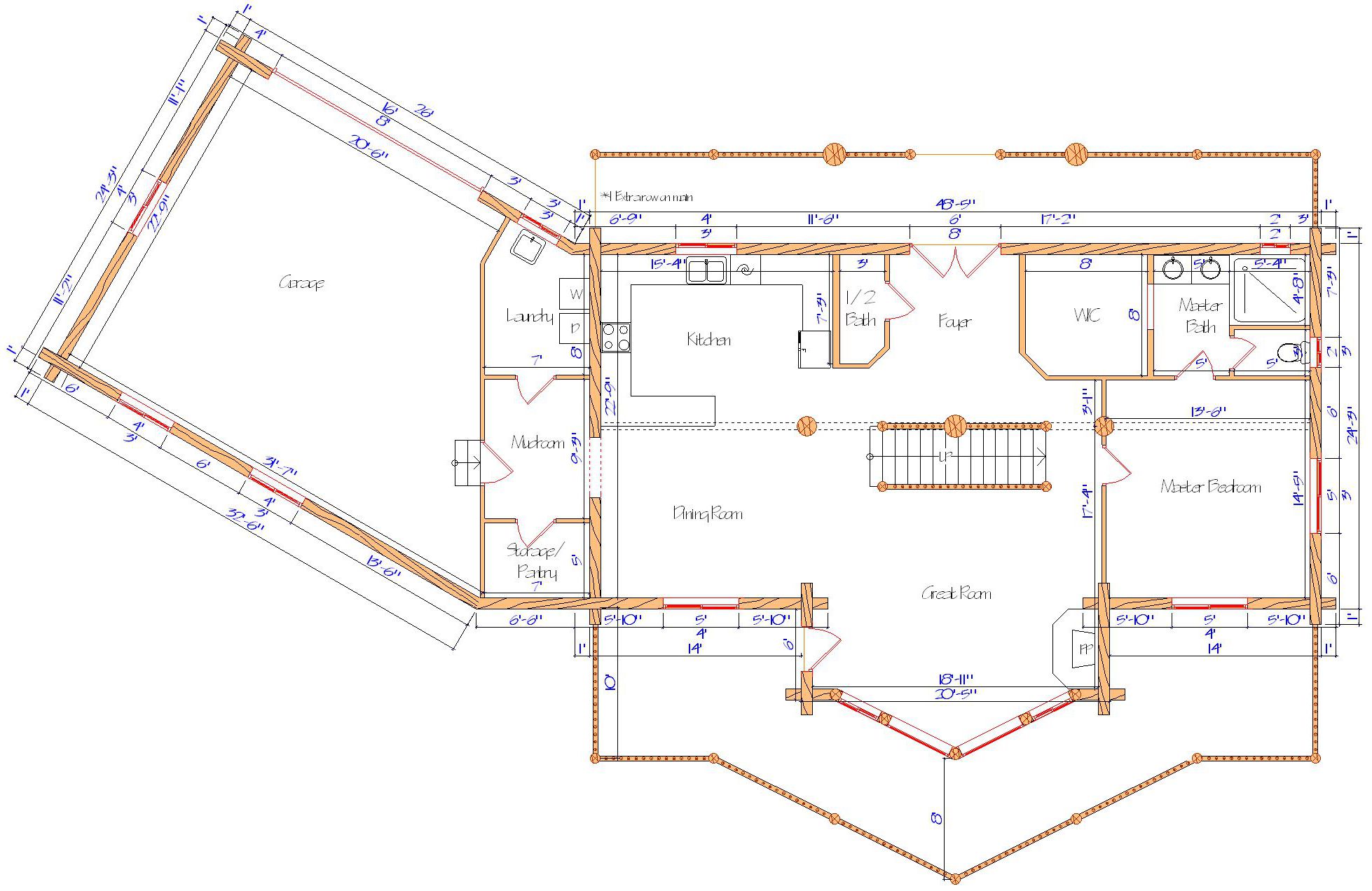 Floor plan of a log home layout showing various rooms including a master bedroom, guest room, living room, dining room, kitchen, and bathrooms with dimensions noted.