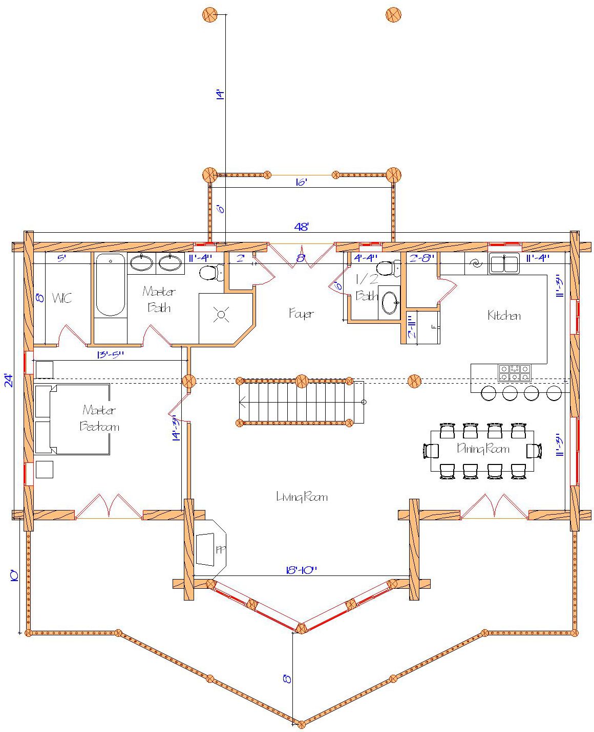 Floor plan of a log home layout showing various rooms including a master bedroom, guest room, living room, dining room, kitchen, and bathrooms with dimensions noted.