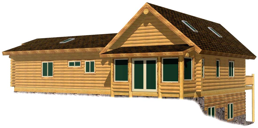 Modern two-story wooden cabin with large windows and skylights.