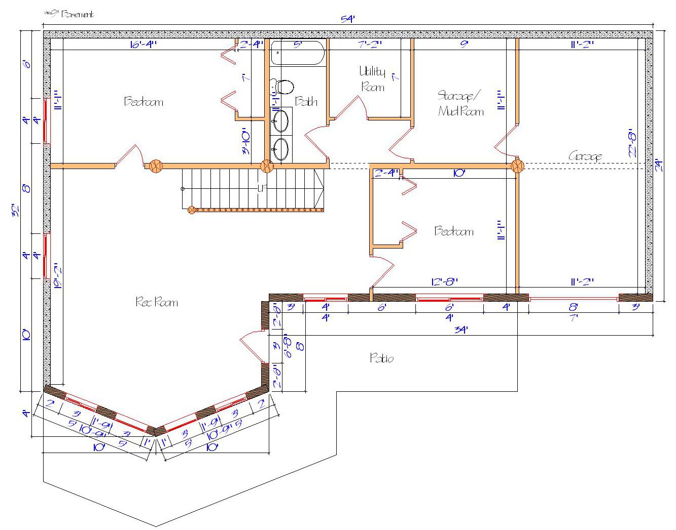 Floor plan of a log home layout showing various rooms including a master bedroom, guest room, living room, dining room, kitchen, and bathrooms with dimensions noted.