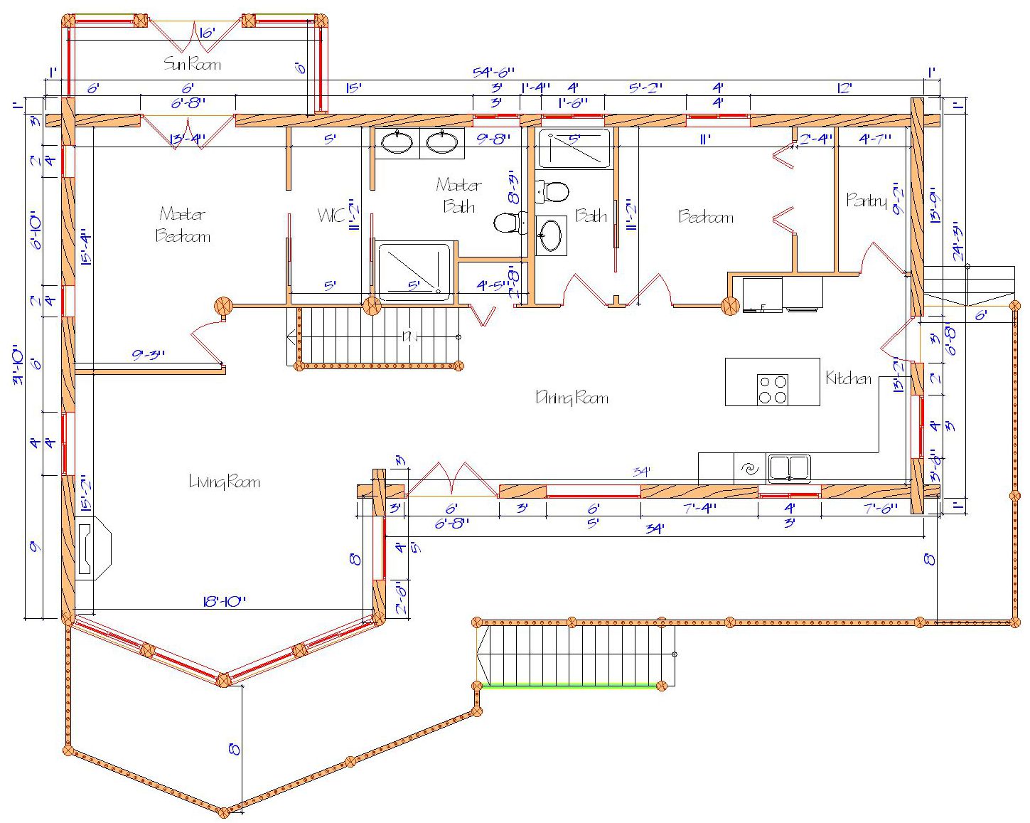 Floor plan of a log home layout showing various rooms including a master bedroom, guest room, living room, dining room, kitchen, and bathrooms with dimensions noted.