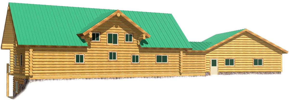 Spacious wooden cabin with green roof and multiple windows