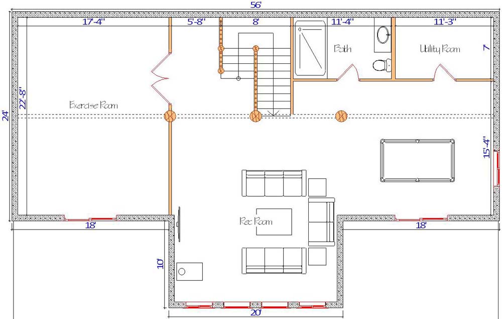Floor plan of a log home layout showing various rooms including a master bedroom, guest room, living room, dining room, kitchen, and bathrooms with dimensions noted.