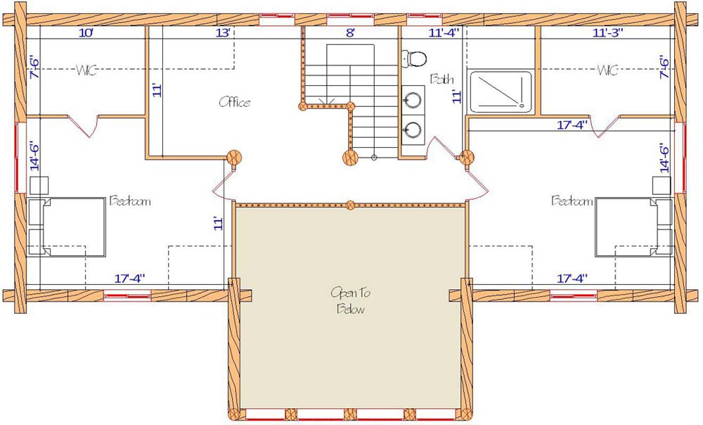 Floor plan of a log home layout showing various rooms including a master bedroom, guest room, living room, dining room, kitchen, and bathrooms with dimensions noted.