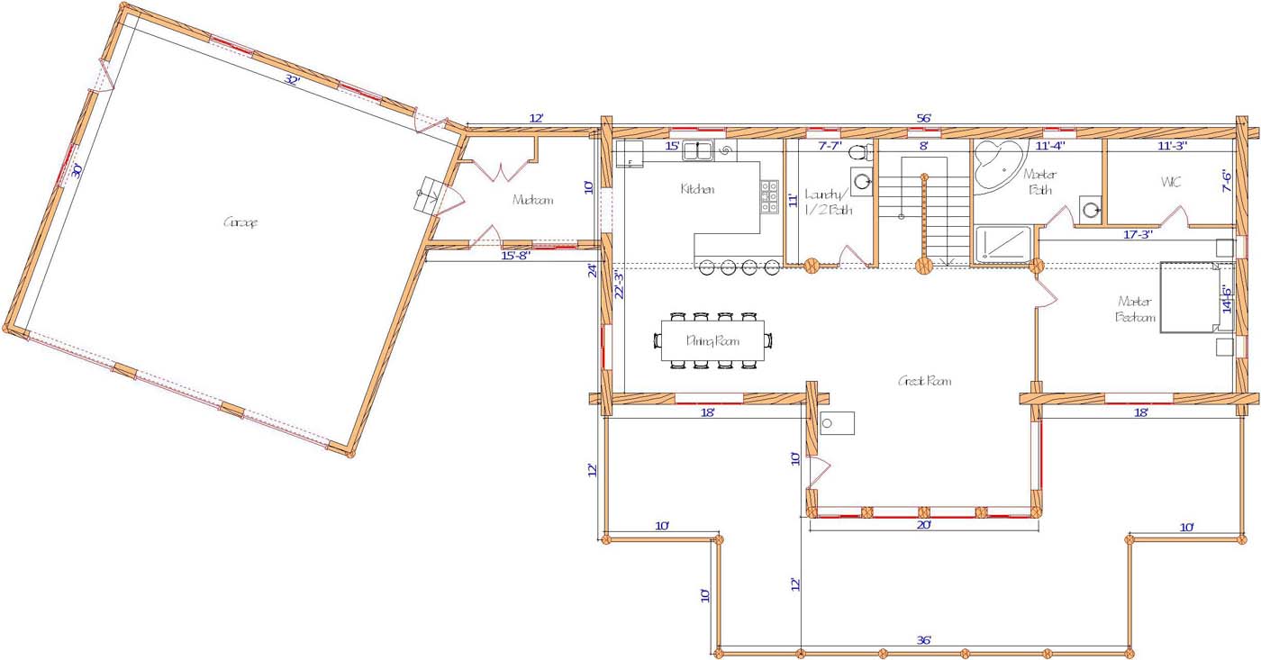 Floor plan of a log home layout showing various rooms including a master bedroom, guest room, living room, dining room, kitchen, and bathrooms with dimensions noted.