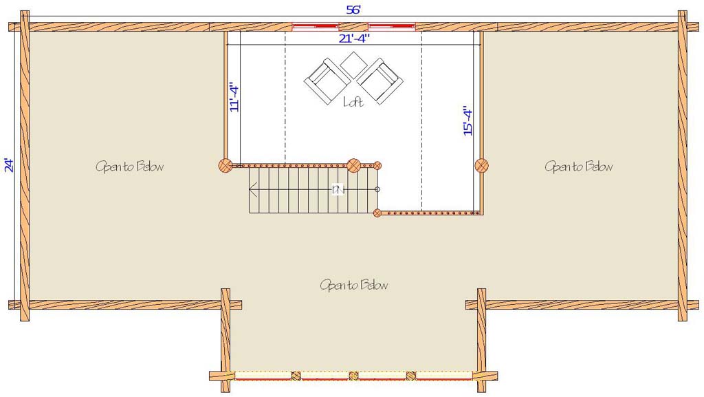 Loft floor plan with staircase and seating arrangement