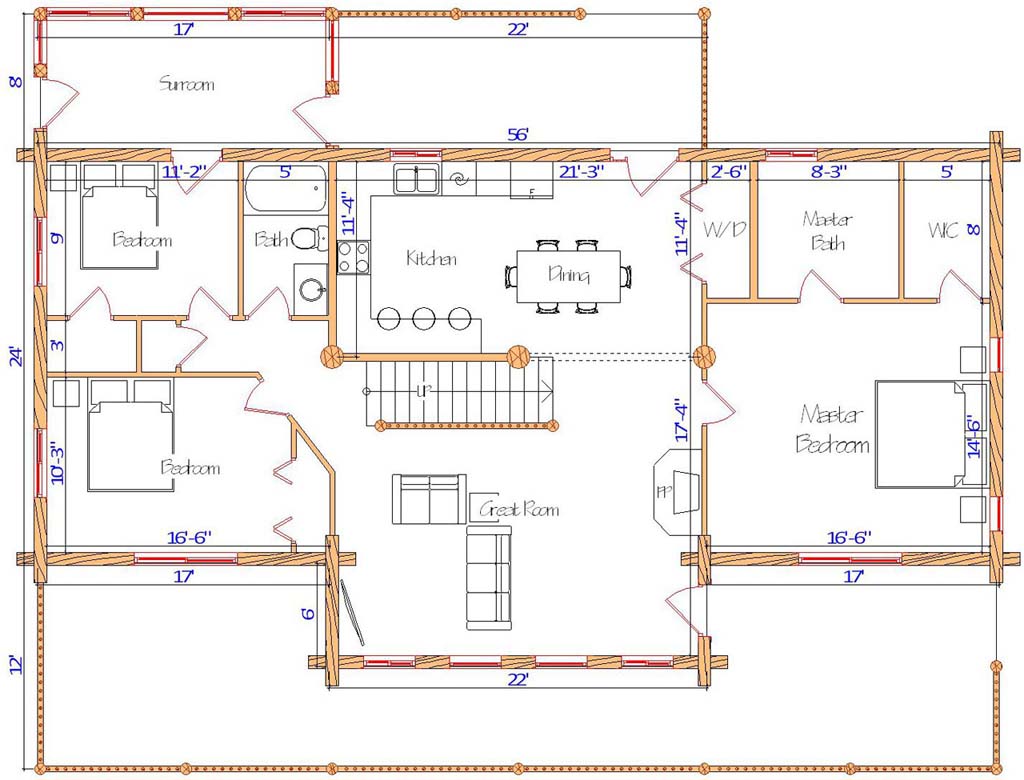 Floor plan of a log home layout showing various rooms including a master bedroom, guest room, living room, dining room, kitchen, and bathrooms with dimensions noted.