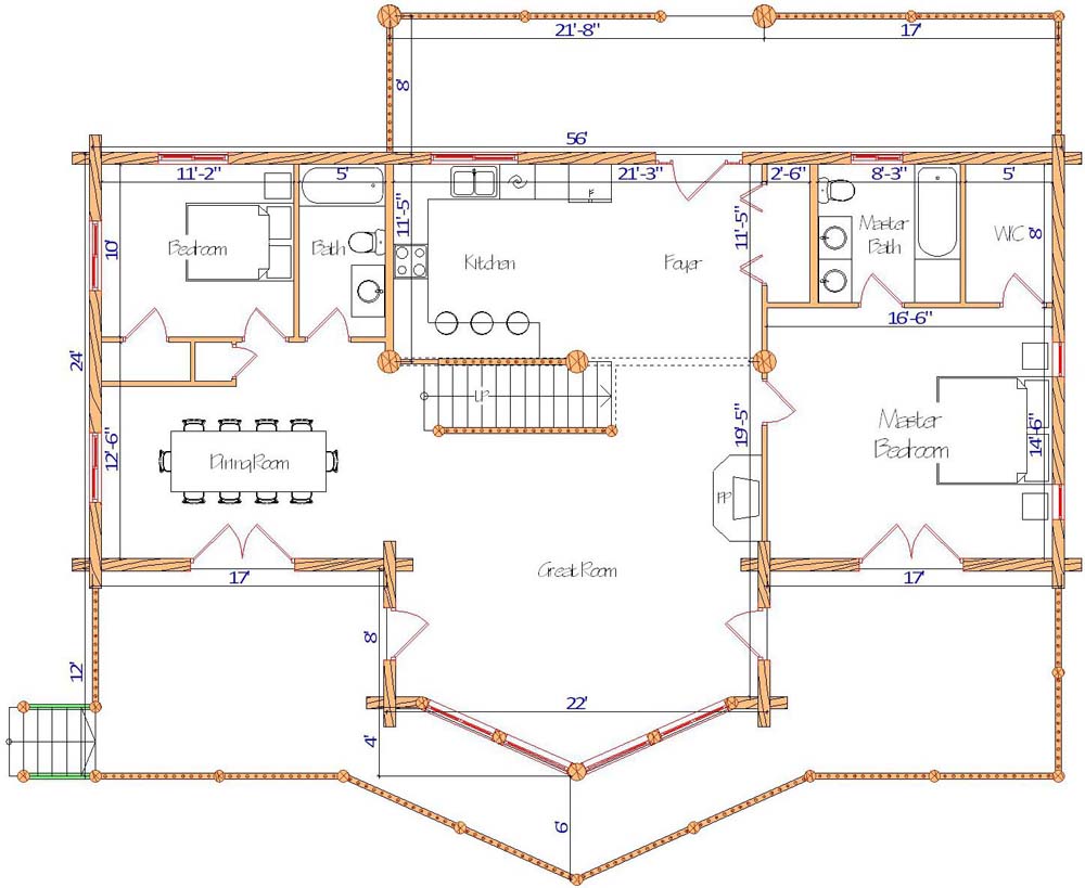 Floor plan of a log home layout showing various rooms including a master bedroom, guest room, living room, dining room, kitchen, and bathrooms with dimensions noted.
