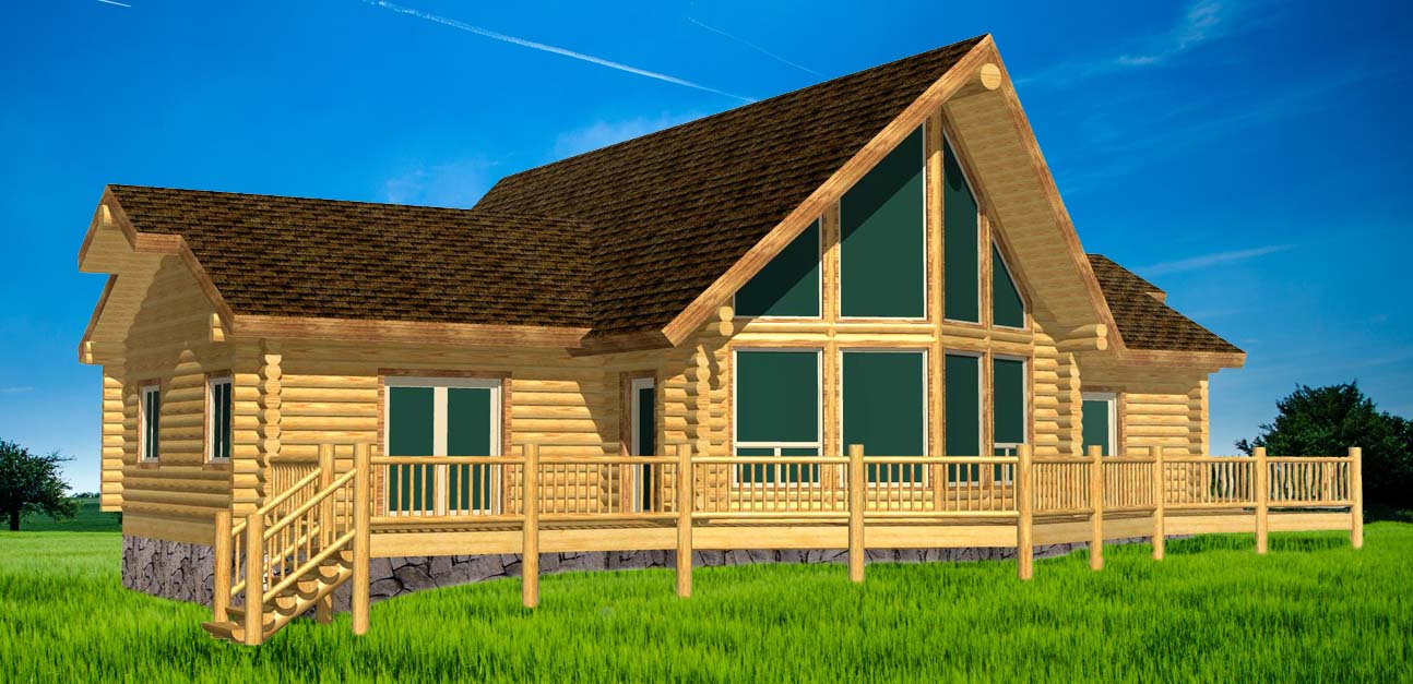 Illustration of a spacious wooden cabin with large windows