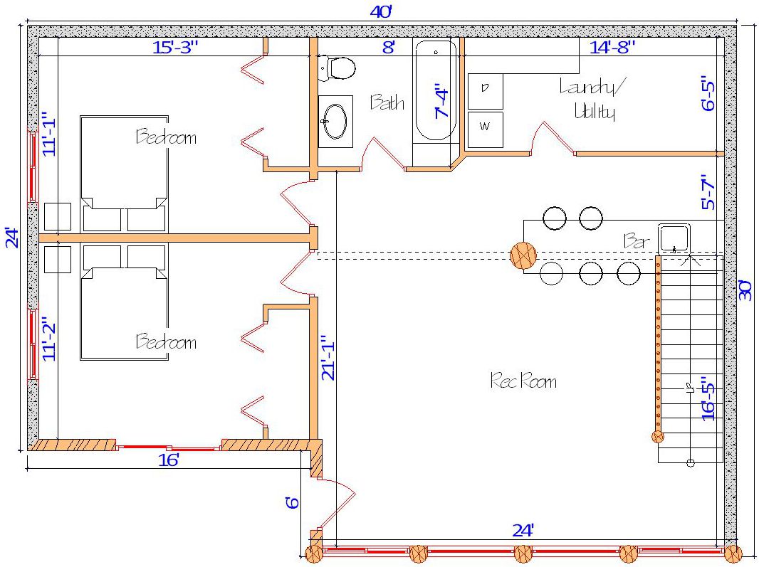 Basement floor plan with bedrooms bathroom and recreation room