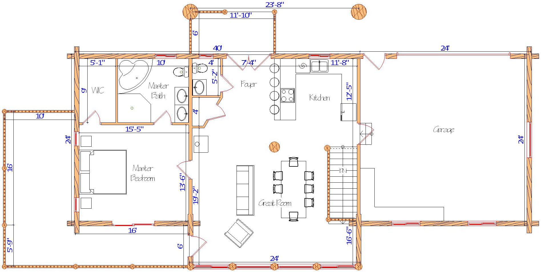 Floor plan of a log home layout showing various rooms including a master bedroom, guest room, living room, dining room, kitchen, and bathrooms with dimensions noted.