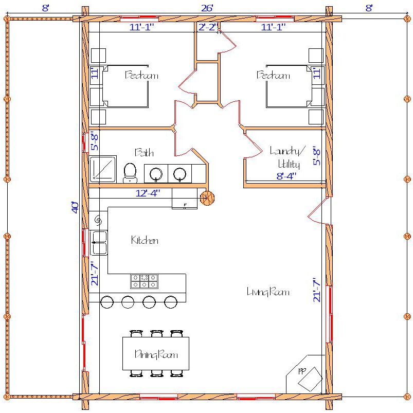 Floor plan of a log home layout showing various rooms including a master bedroom, guest room, living room, dining room, kitchen, and bathrooms with dimensions noted.