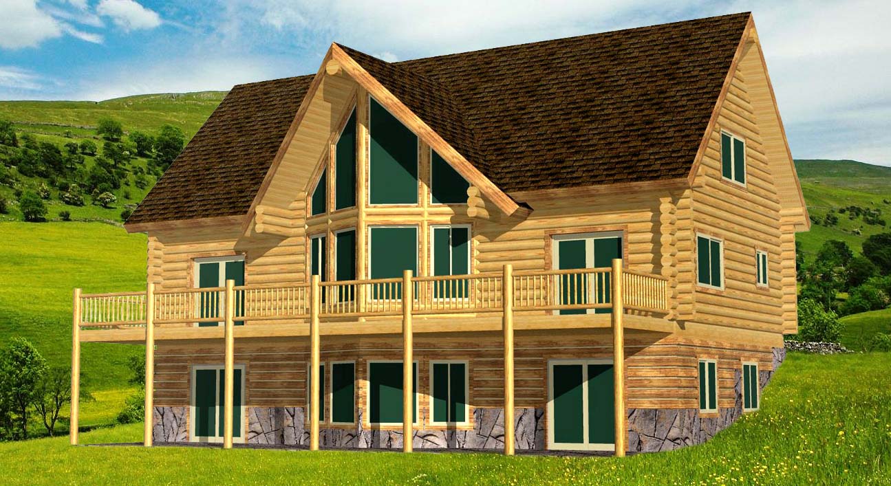 Two-story wooden log cabin with large windows and balcony
