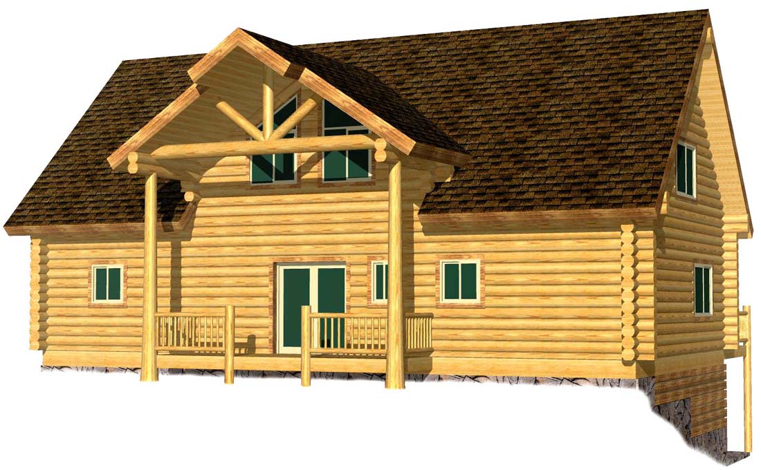 Two-story wooden log cabin with large windows and balcony