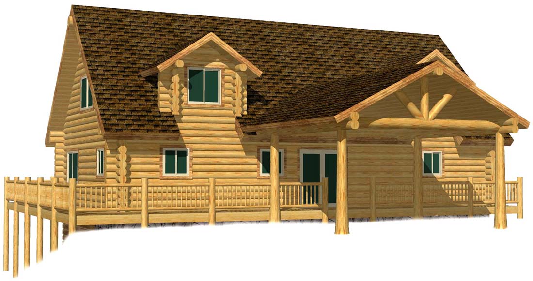 Spacious log cabin with large windows and wooden deck.