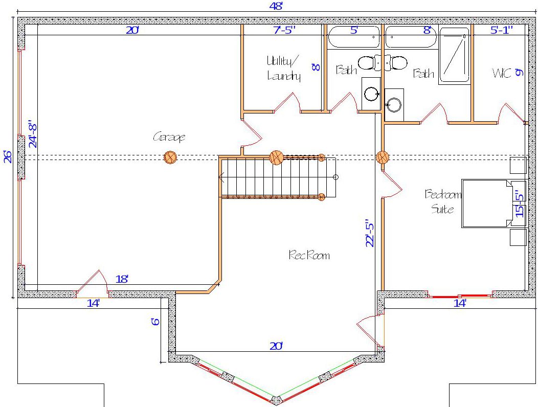 Basement floor plan with utility garage and bathroom layout