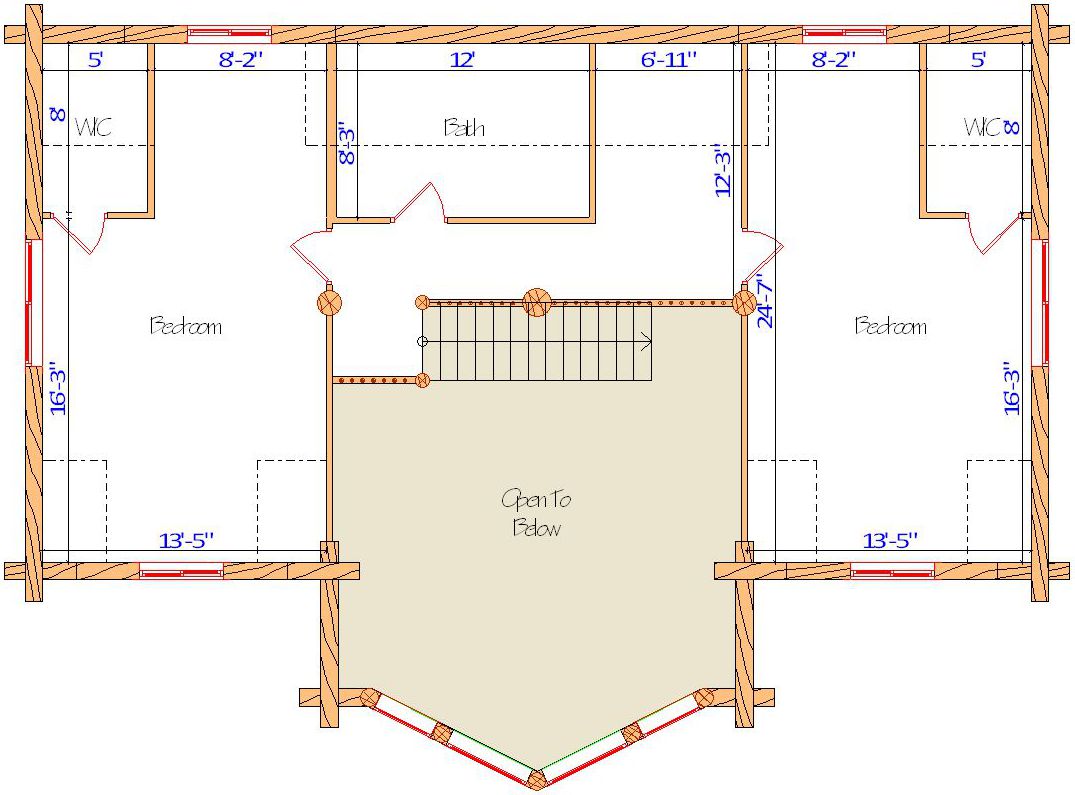 Upper floor plan with two bedrooms and central staircase.