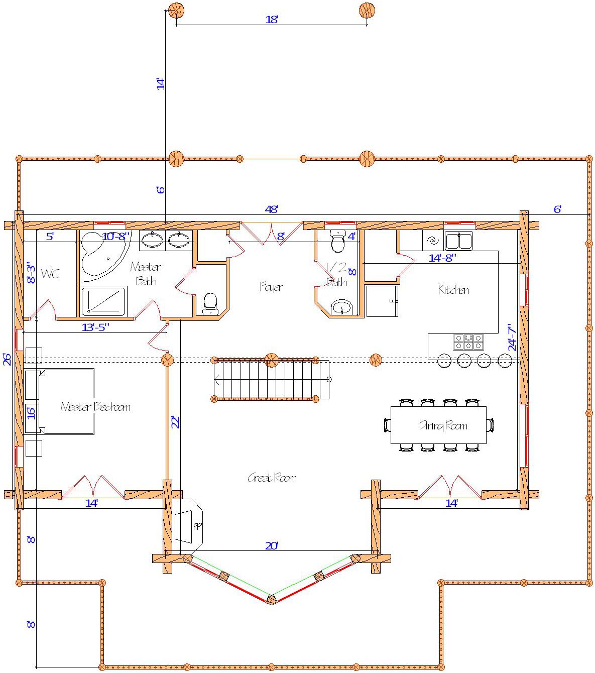 Floor plan of a log home layout showing various rooms including a master bedroom, guest room, living room, dining room, kitchen, and bathrooms with dimensions noted.