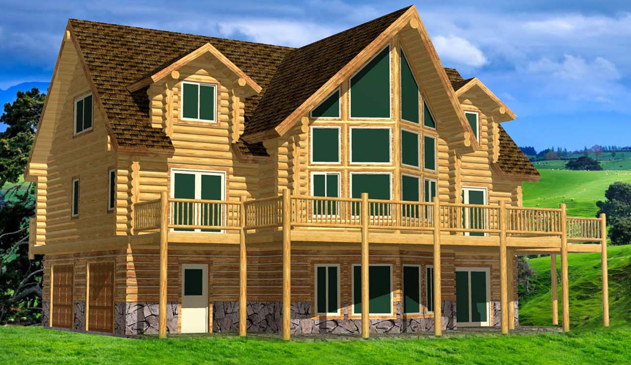 Spacious log cabin with large windows and wooden deck.
