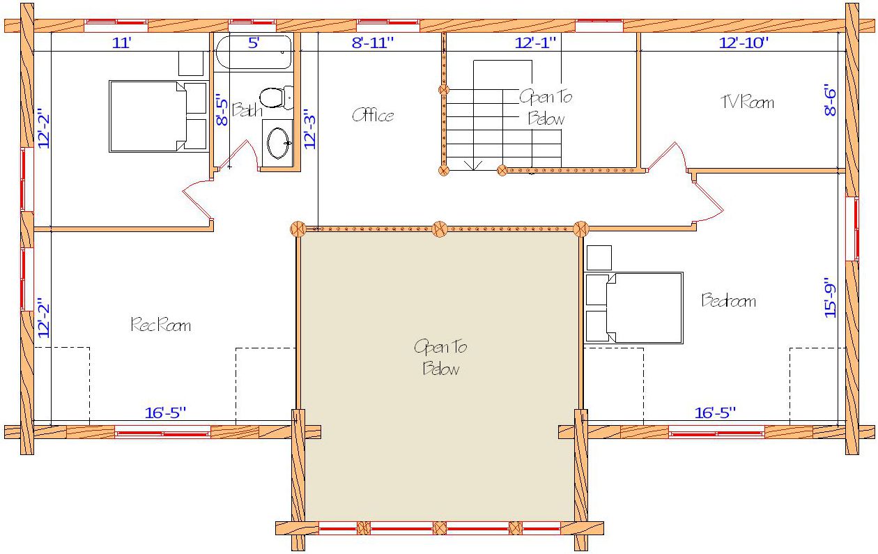 Second-floor open layout with office and bedroom spaces.