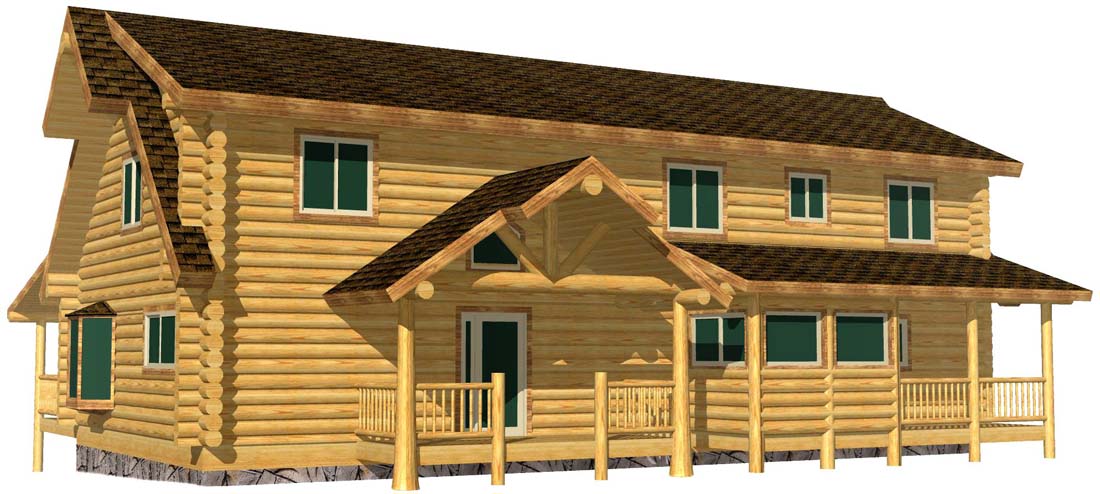 Large rustic log cabin with green windows and wooden deck