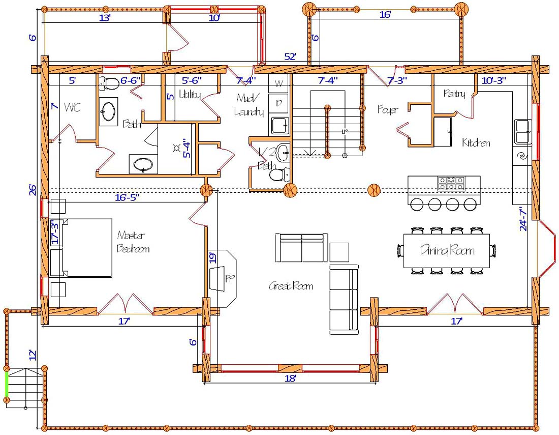 Floor plan of a log home layout showing various rooms including a master bedroom, guest room, living room, dining room, kitchen, and bathrooms with dimensions noted.