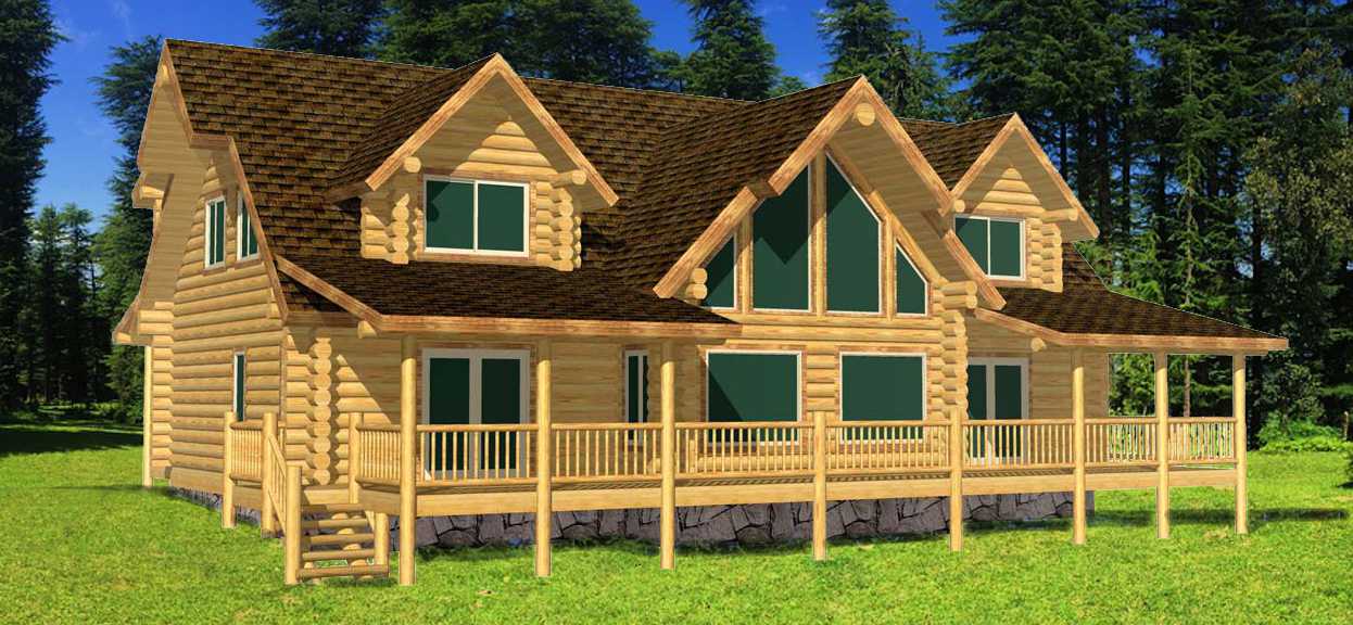 Large rustic log cabin with green windows and wooden deck