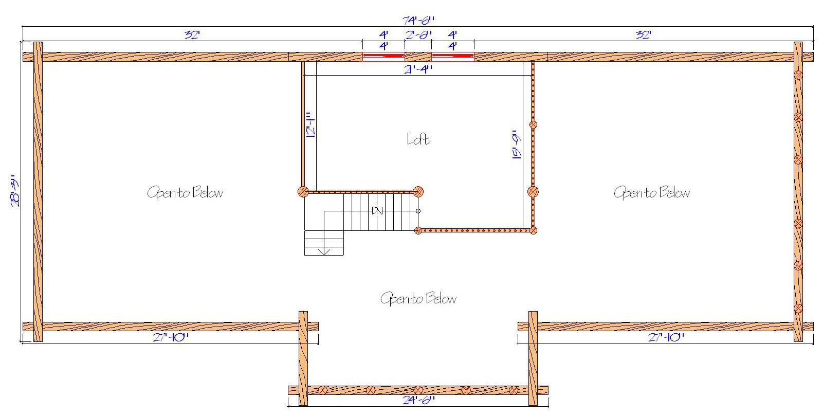 Loft floor plan layout with staircase dimensions and details