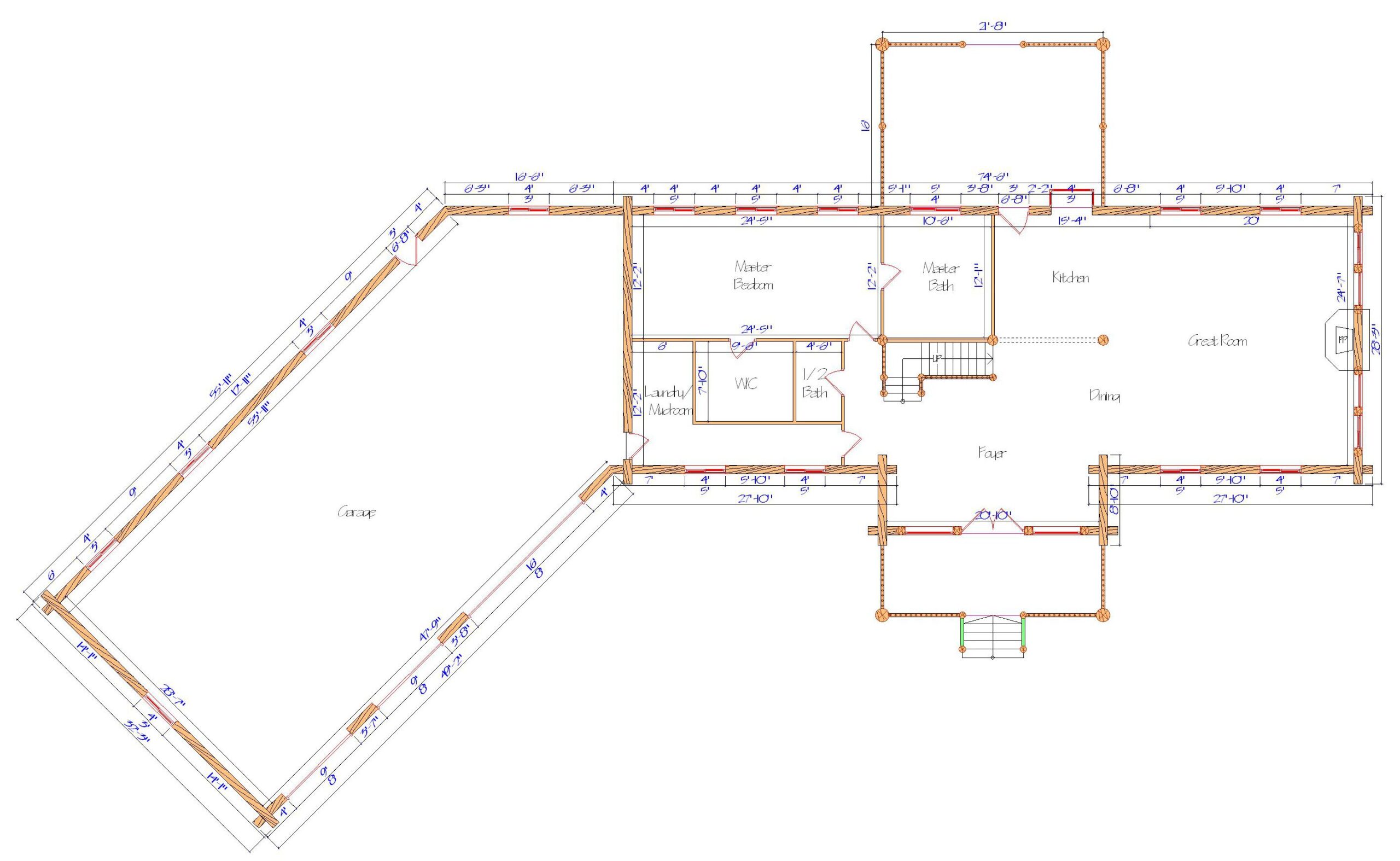 Floor plan of a log home layout showing various rooms including a master bedroom, guest room, living room, dining room, kitchen, and bathrooms with dimensions noted.