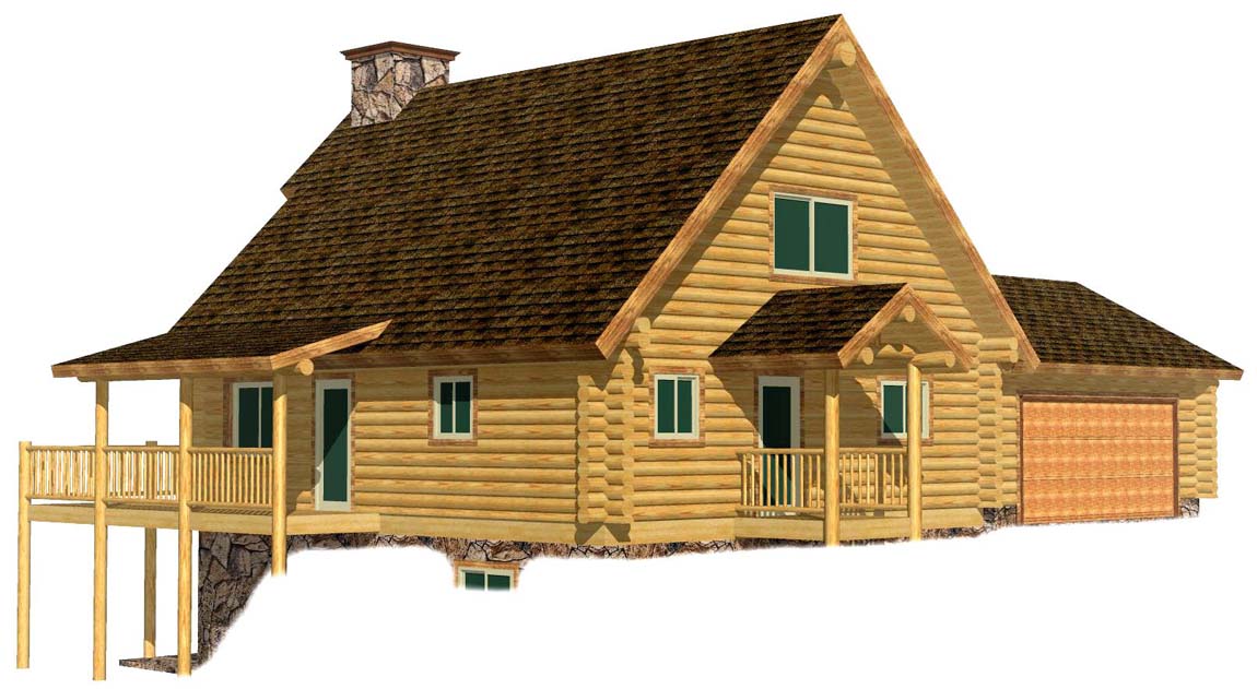 Rustic two-story log cabin with stone chimney and balcony